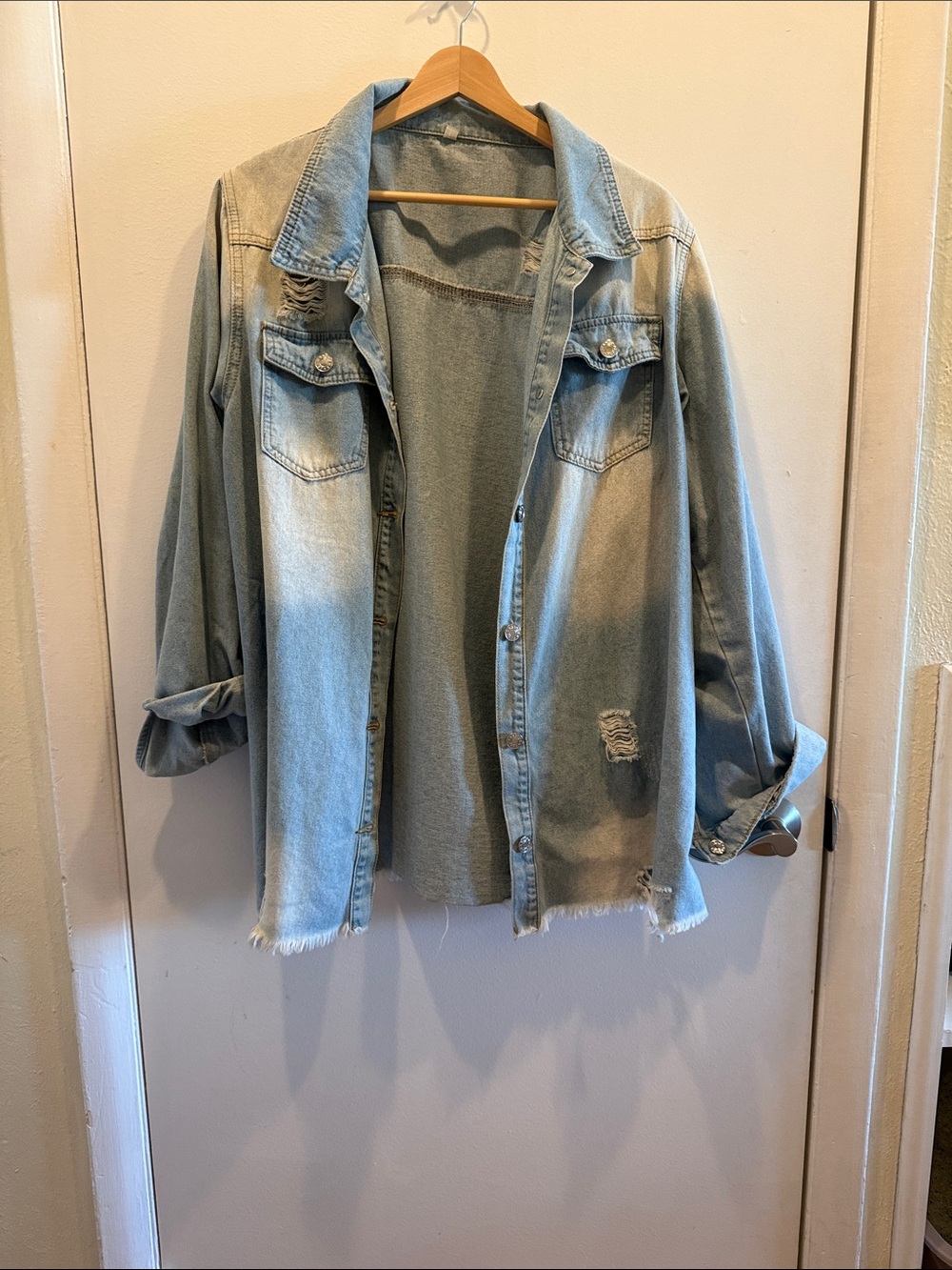 Light Blue Distressed Denim Jacket - Picture 4 of 7